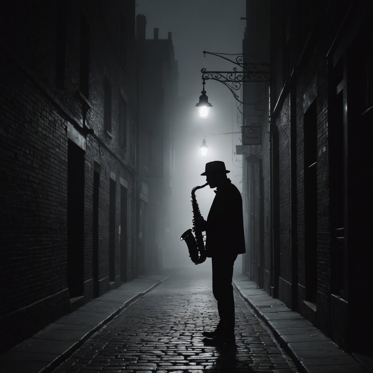 A smooth jazz composition that intricately blends the realms of comfortable swing rhythms with an underlying tone of suspense and mystery, evoking the feeling of a dimly lit alleyway at midnight. The piece gradually builds a sense of anticipation and caution with the saxophone leading this acoustic narrative