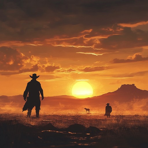 As the sun sets over a desolate desert, the solemn strumming of a lone guitar picks up pace, echoing the tense atmosphere of an imminent duel between two hardened outlaws. The music builds, capturing the suspense and drama of the wild west, where each note resonates with the grit and courage of the gunslingers.