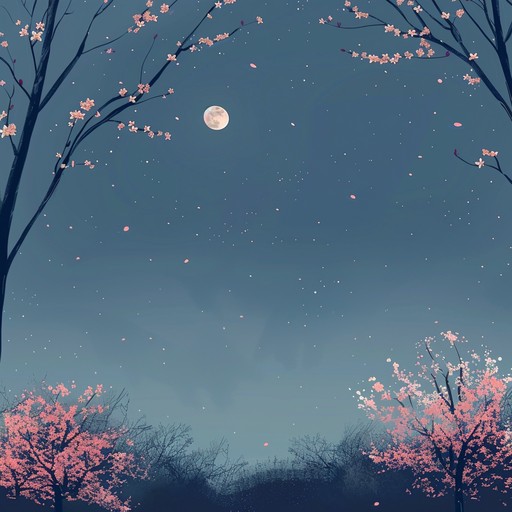 A calming combination of shamisen and electronic chillwave elements creates a serene nighttime ambiance, perfect for reflecting under the sakura trees.