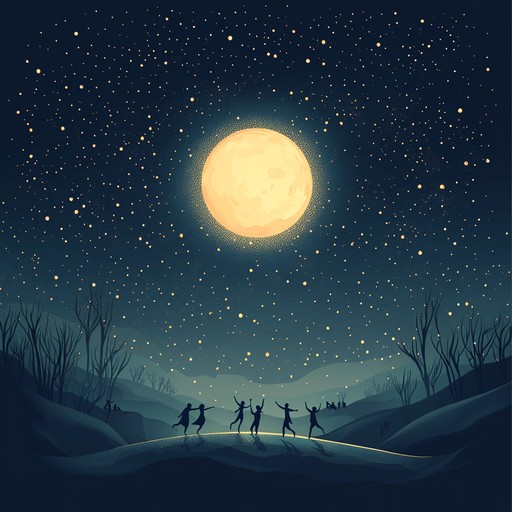 A composition that conjures images of an enchanting, moonlit night where playful melodies dance through the air, evoking a sense of wonder and amusement. The music is light hearted, filled with sparkling tones that mimic the stars above, suitable for a magical night time adventure or a festive, whimsical gathering under the moon.