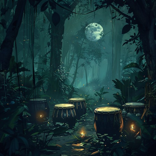 Pounding conga drums take center stage against a backdrop of wild jungle sounds, creating an energetic, fierce, and slightly mysterious tropical atmosphere that feels both untamed and exhilarating