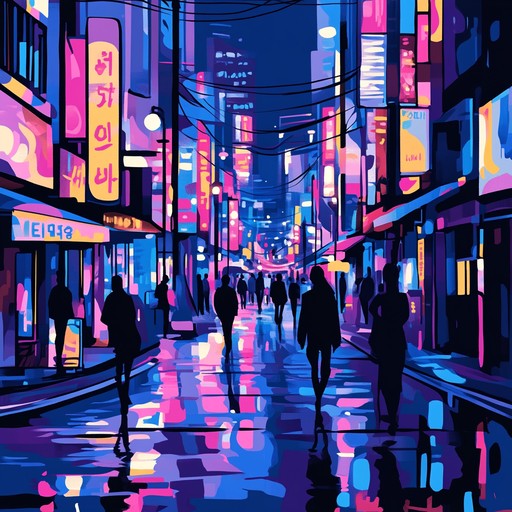 An upbeat instrumental k pop track featuring catchy synthesizer melodies, funky basslines, and energetic dance rhythms, evoking the vibrant nightlife of seoul.