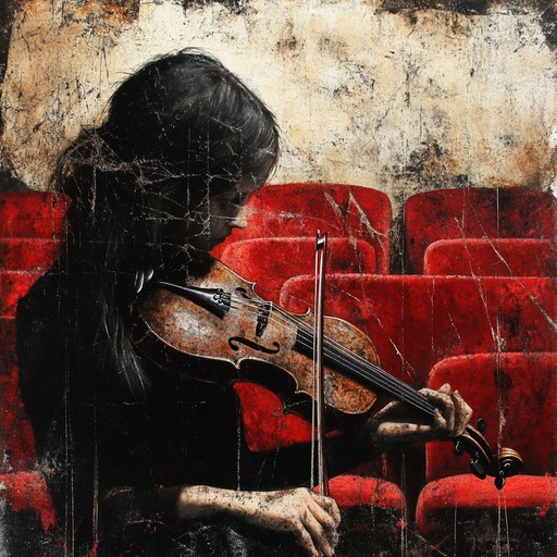 Imagining a dimly lit, expansive concert hall with scattered light illuminating dust motes, where a lone violinist plays touching, somber melodies, conjuring visions of the hall’s opulent past and the specters of former audiences.