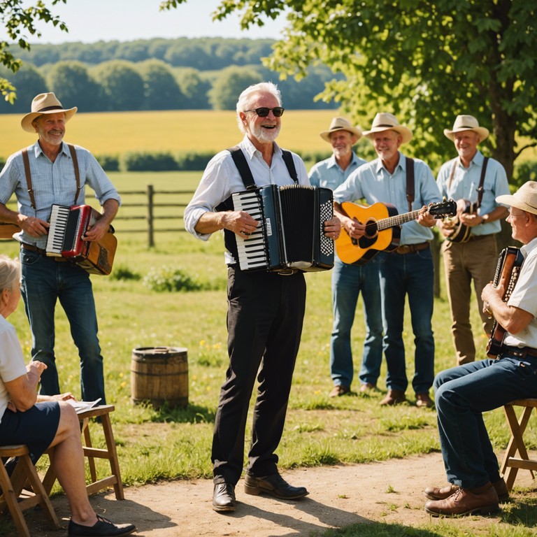 Imagine you're at a vibrant village festival celebrating the harvest season. The music features accordion driven melodies accented with modern pop elements, creating a festive and inviting atmosphere that encourages dancing and laughter.