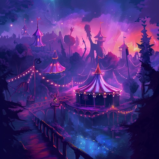 Dive into an atmospheric journey of haunting melodies woven through a tapestry of deep, chilling tones and otherworldly sound effects that evoke the feel of a twilight carnival on the edge of an abyss. The music captures the mystical and slightly sinister energy of a mysterious nighttime festival.