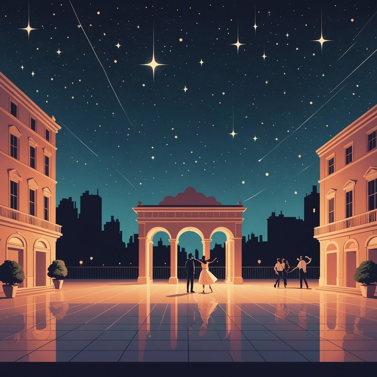As stars twinkle overhead, a couple dances a classic mambo on a deserted plaza, their steps perfectly synchronized. The music swirls around them, led by the melodious tunes of a trumpet, infusing the night with a sense of romance and timeless beauty.
