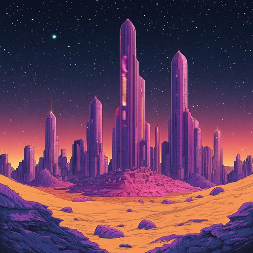 An instrumental track blending exotic melodies with cyberpunk synths, creating an immersive experience of a neon lit journey through futuristic deserts and bustling markets.