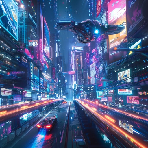 Imagine speeding through a neon lit cyberpunk cityscape at midnight, skyscrapers towering above and neon signs flickering in the perpetual mist. The track captures the essence of a high speed chase through a future metropolis, with pulsating rhythms and atmospheric synth layers creating a vivid audio landscape.