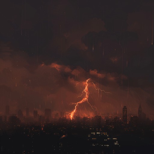 Imagine the energy of a thunderstorm over a bustling city, electrifying the urban night life with pulsing beats and explosive sounds, capturing the essence of unstoppable power and exhilaration