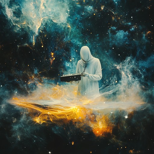 Experience a cosmic fusion of jazz and ethereal sounds that transport you beyond dimensions. The haunting tones of the theremin meld with jazz rhythms, creating a mystical journey through space and time. This composition invites you to explore infinite horizons through its otherworldly melodies.