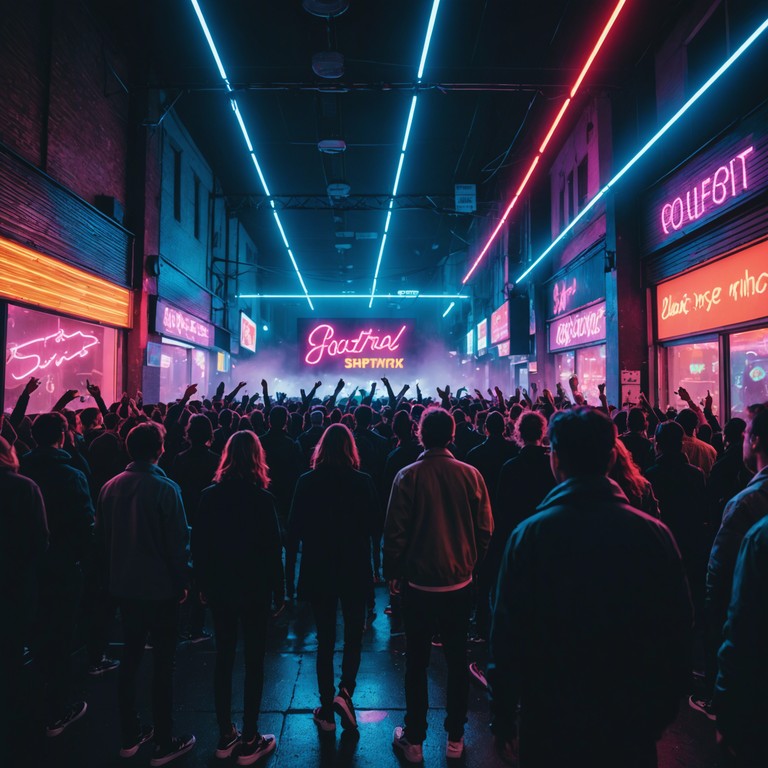 Imagine a stage bathed in neon lights, with the roar of electric guitars being fused with synth waves, illustrating a futuristic battle between digital and analog music realms.