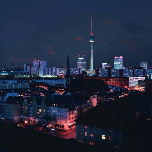 An energetic composition blending futuristic synths with traditional german schlager, immersing listeners in a vibrant nightlife atmosphere of berlin. Perfect for capturing the essence of a high tech cityscape.