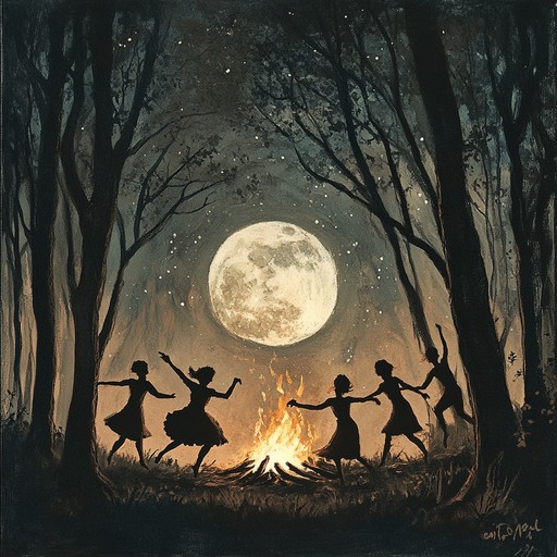 A dynamic instrumental dark folk composition that combines traditional acoustic instruments with energetic rhythms, evoking an exciting nighttime gathering in a mystical forest under the pale moonlight.