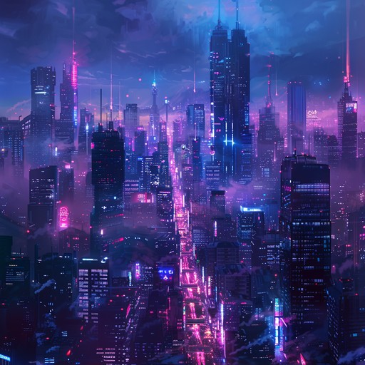 Dive into the neon lit streets with pounding electronic rhythms and atmospheric synths, capturing the essence of a sprawling urban landscape bathed in darkness and artificial light. Highlighting dramatic tension and futuristic motifs, perfect for a cyberpunk saga.