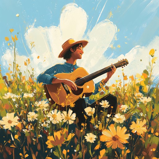 An upbeat troubadour instrumental celebrating playful wanderings through sunlit fields, strumming gentle tunes on an acoustic guitar. This piece captures moments of happiness and relaxation, evoking images of carefree summer days and joyous travels.