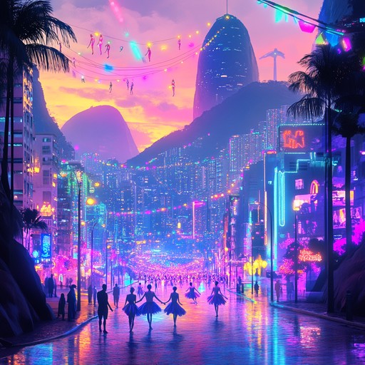 A high spirited instrumental track combining nostalgic synthwave tones with traditional samba rhythms, capturing the essence of an electric festival night in a high tech brazilian cityscape.