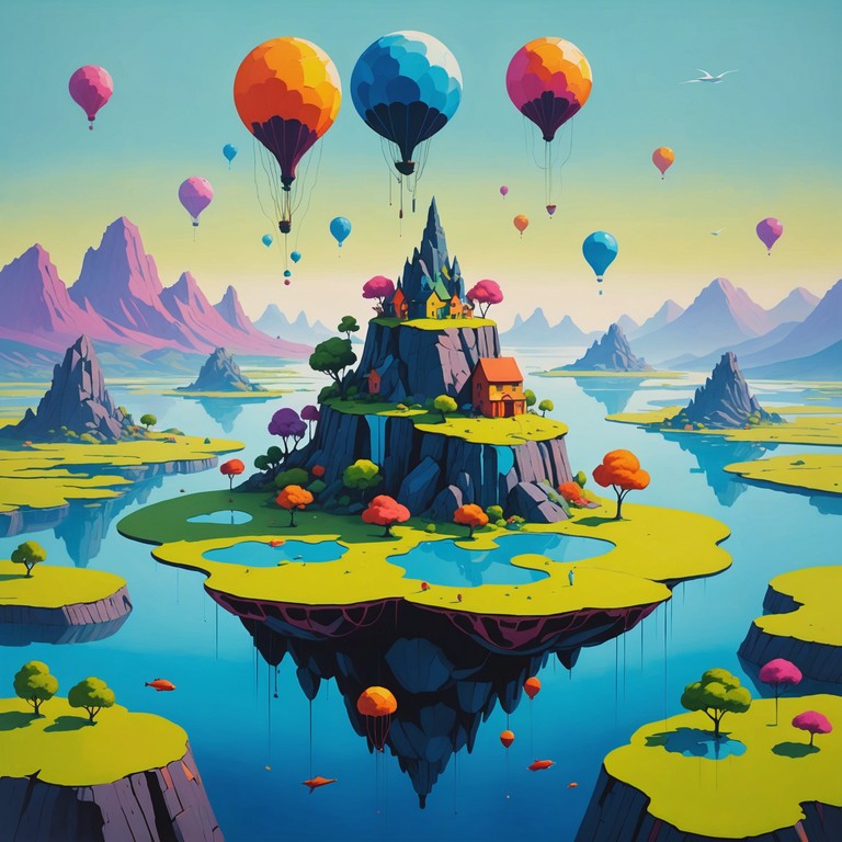 A charming, playful piece that captures the essence of a whimsical adventure in a fantastical, colorful landscape. The composition combines contemporary techniques with classical sensibilities to evoke a light hearted and imaginative atmosphere.