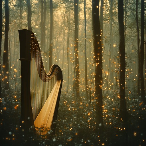 Immerse in a dreamlike soundscape with enchanting harp plucking soulful notes. Experience a serene journey through a mystical forest bathed in ethereal evening glow, where each note unfurls a magical world, embracing heightened emotions and pure serenity.