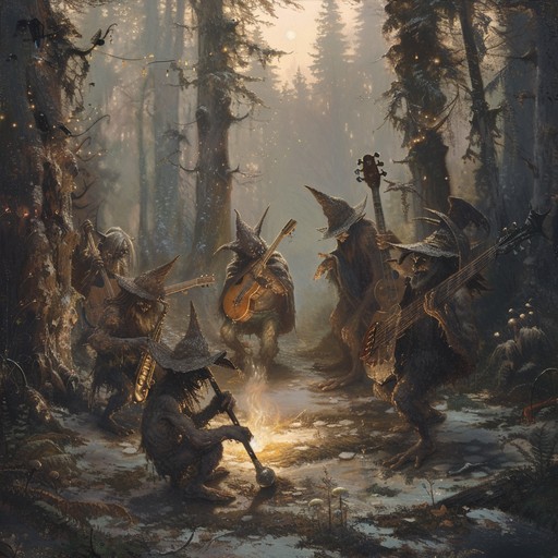 Imagine a raucous party in a mystical forest, where metal riffs blend with whimsical, playful melodies evoking mischievous goblins celebrating. The track combines aggression and enchantment.