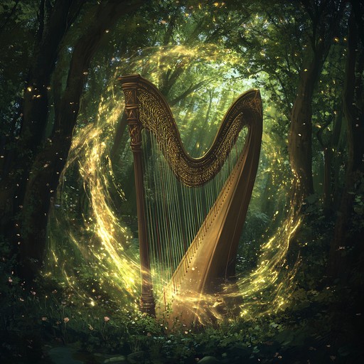 An uplifting jingle featuring delicate celtic harp intertwined with upbeat electronic beats, transporting listeners to a mystical grove filled with wonder.