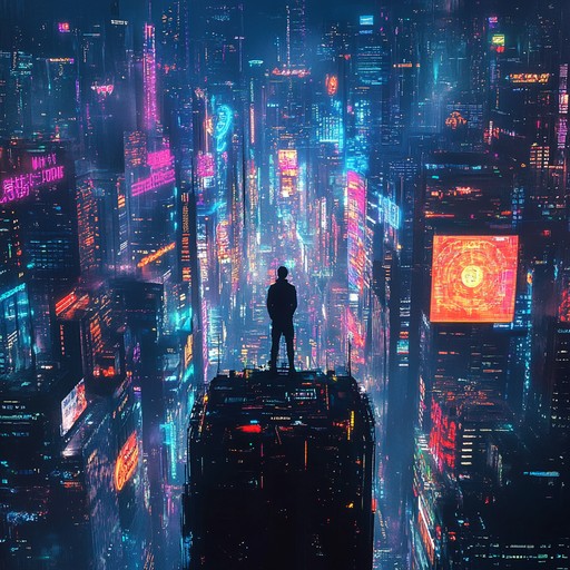 An instrumental piece that takes the listener on a sonic journey through a futuristic metropolis, combining pulsating synth rhythms with ambient textures. This track encapsulates the essence of cyberpunk aesthetics, portraying the fusion of human emotion with advanced technology under the glow of neon lights.