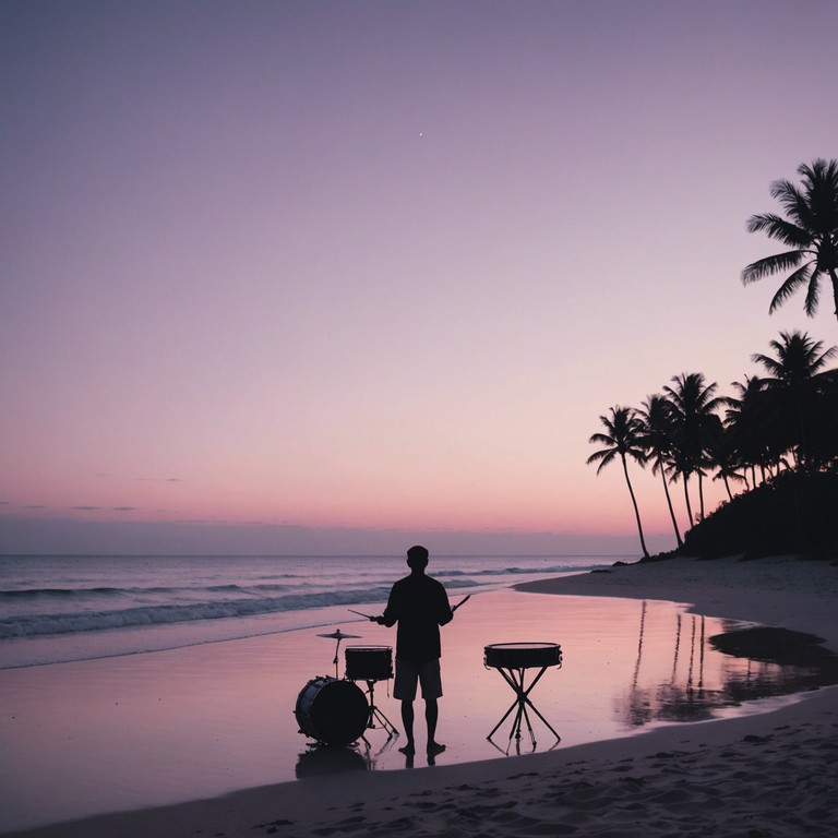 Blending ethereal synths with traditional caribbean calypso rhythms, this song captures the essence of a mystical, dreamy beach scene at twilight, incorporating delicate electronic undertones to complement the soothing pulse of steel drums, creating a serene yet vibrant atmosphere.