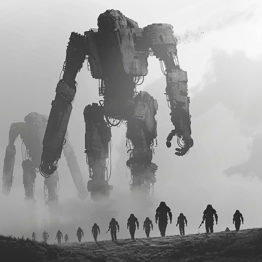 Imagine colossal iron giants clashing amidst a stormy battlefield, the heavy clanking of metal bodies echoing through thunderous skies. Powerful electric guitar riffs charge the atmosphere with aggressive energy, while frenetic drumming mimics the chaotic battle of titanic forces.