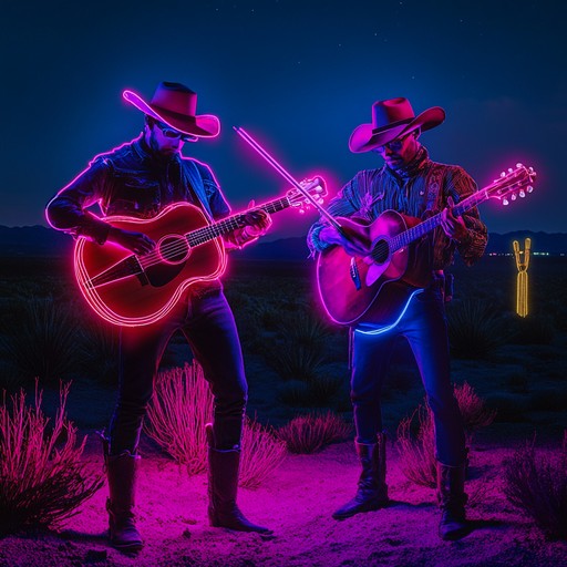 Imagine the dramatic tension of a cowboy duel set against the backdrop of a futuristic, neon lit desert sunset. Electric guitars exchange fiery riffs while synths add an edgy, modern twist. The battle of old and new unfolds in a dynamic, evocative track that captures the essence of innovation in a western setting.