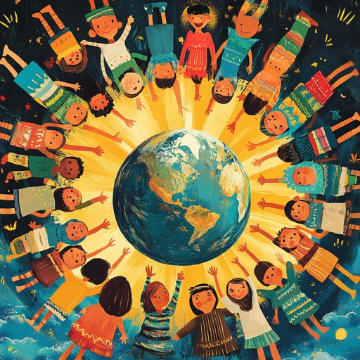 An instrumental piece combining native american flutes and gentle rhythms, creating a serene and uplifting melody that celebrates the unity of all children and their connection to earth. The music invites listeners on a journey through different landscapes, fostering feelings of peace, joy, and global togetherness.