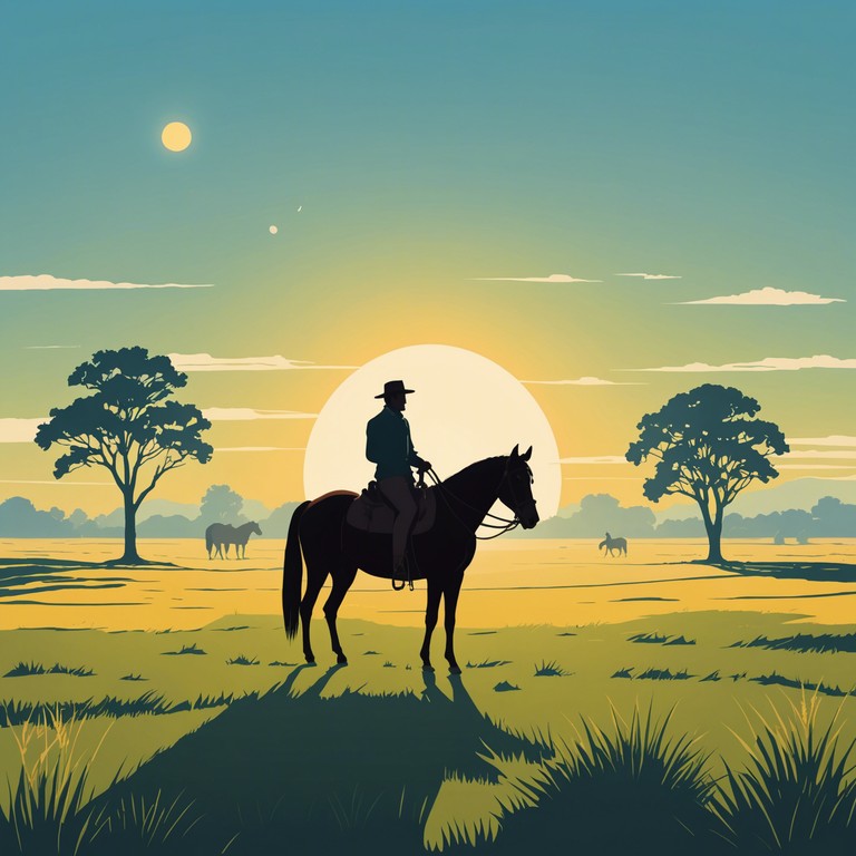 Dawn on horizon mirrors the start of a day's adventure as cowboys guide their horses across lush, dew kissed plains, the music setting an inspiring tone for the ride ahead. Dawn on horizon mirrors the start of a day's adventure as cowboys guide their horses across lush, dew kissed plains, the music setting an inspiring tone for the ride ahead.