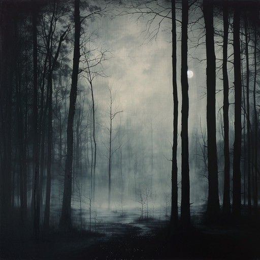 An eerie indie track with haunting synth and guitar melodies, evoking the sensation of wandering through a haunted forest at night, with every sound reminiscent of ghostly whispers and unseen presences.
