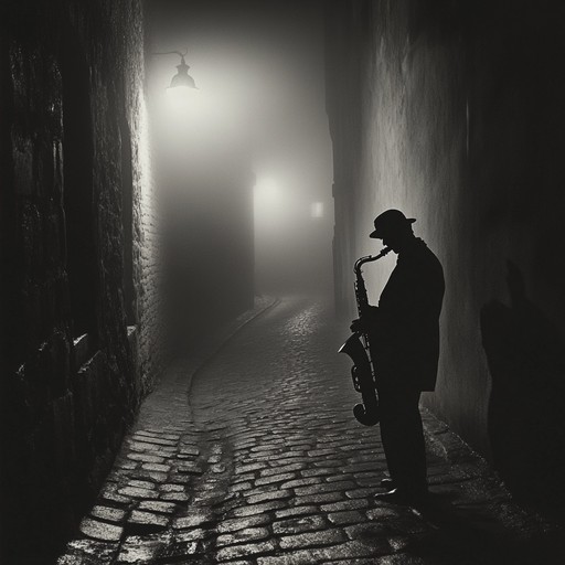 In this composition, the saxophone resounds with haunting, melancholic tones that weave through an ambiance of mist and shadows, echoing the feel of a mysterious noir film set on the damp, cobblestone streets of a forgotten city at twilight.