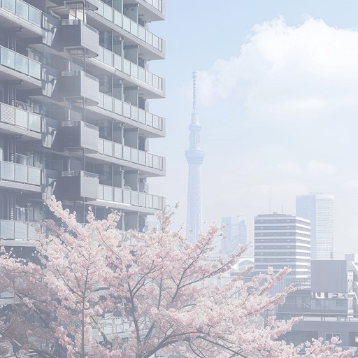 Imagine a serene scene overlooking tokyo during cherry blossom season, with soft electronic elements blending with traditional japanese instruments creating a modern yet nostalgic atmosphere