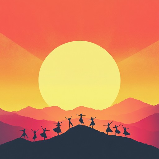 Imagine a vibrant, high energy track that encapsulates the joyous spirit of a sunrise dance atop mist covered mountains. The composition combines gleeful melodies and uplifting rhythms, reminiscent of a new day's promise. This piece is crafted with precision to evoke happiness, nostalgia, and an invigorating sense of adventure, making listeners feel as if they are dancing on the peaks at dawn