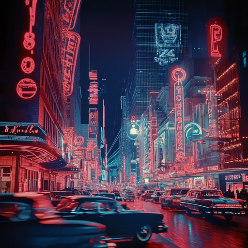 Imagining a retro futuristic drive down broadway, where 1950s rockabilly meets the cutting edge vibes of synthwave, crafting a bridge between the past and the future.