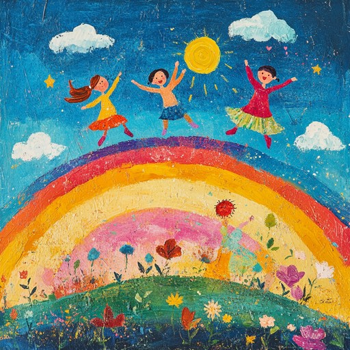 An exhilarating instrumental nursery rhyme using vibrant melodies to evoke the excitement and joy of children jumping over rainbows, encouraging imagination and movement