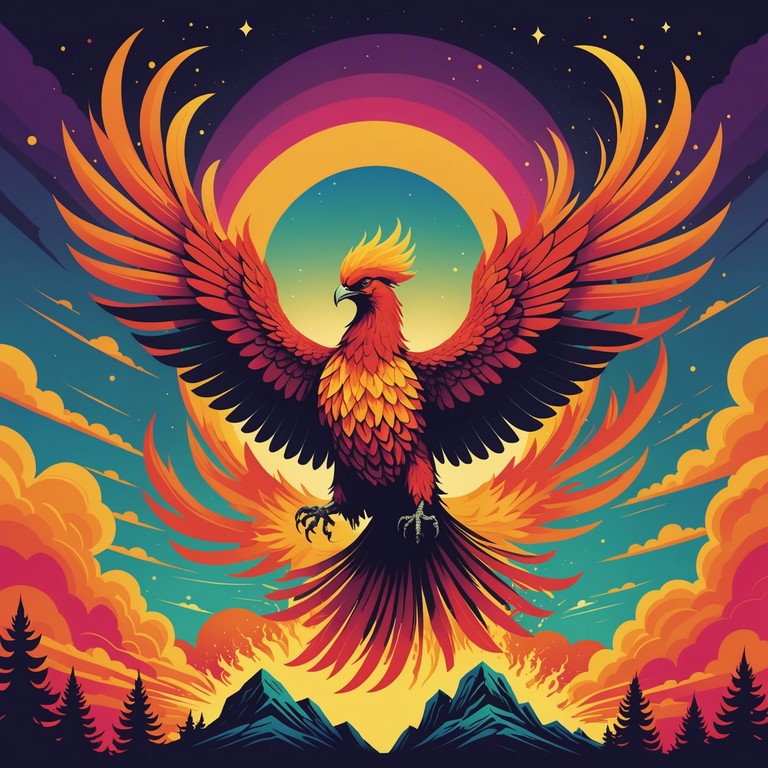 An instrumental track featuring a powerful psychedelic rock atmosphere, characterized by soaring electric guitar solos and an invigorating rhythmic backdrop reminiscent of a phoenix rising from the ashes. This piece captures a journey of rebirth and empowerment through intense, engaging soundscapes.