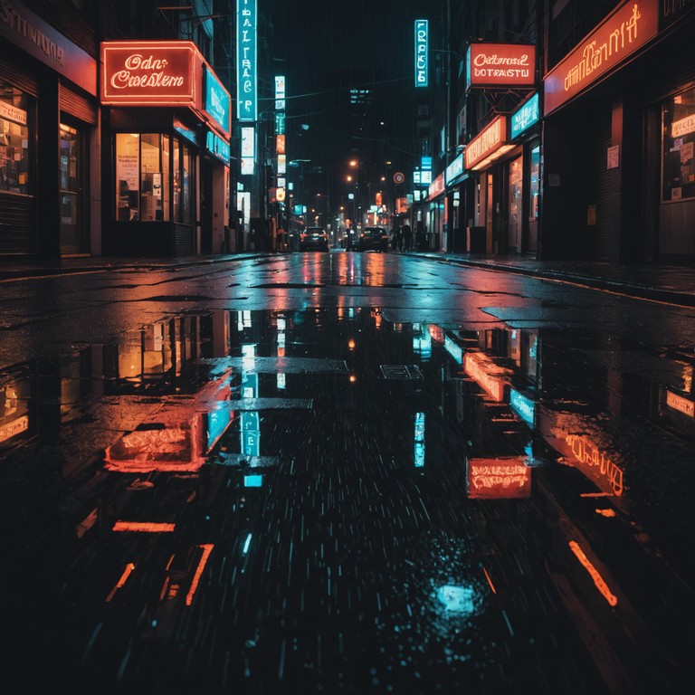 A compelling journey through a dystopian cityscape, illuminated by neon lights and shadowed by towering skyscrapers, with nuances of a cybernetic society unfolding in the dark ambiance. The music captures the essence of a future metropolis teeming with digital veil and human emotions intertwined with synthetic lives.