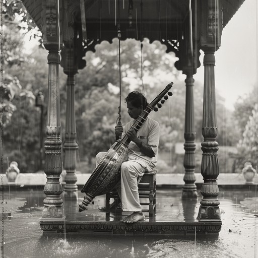 The composition intertwines traditional raga progressions with heartening sitar tunes, echoing the nostalgic beauty of monsoon rains. Each note evokes serene reflections of timeless monsoon charm.