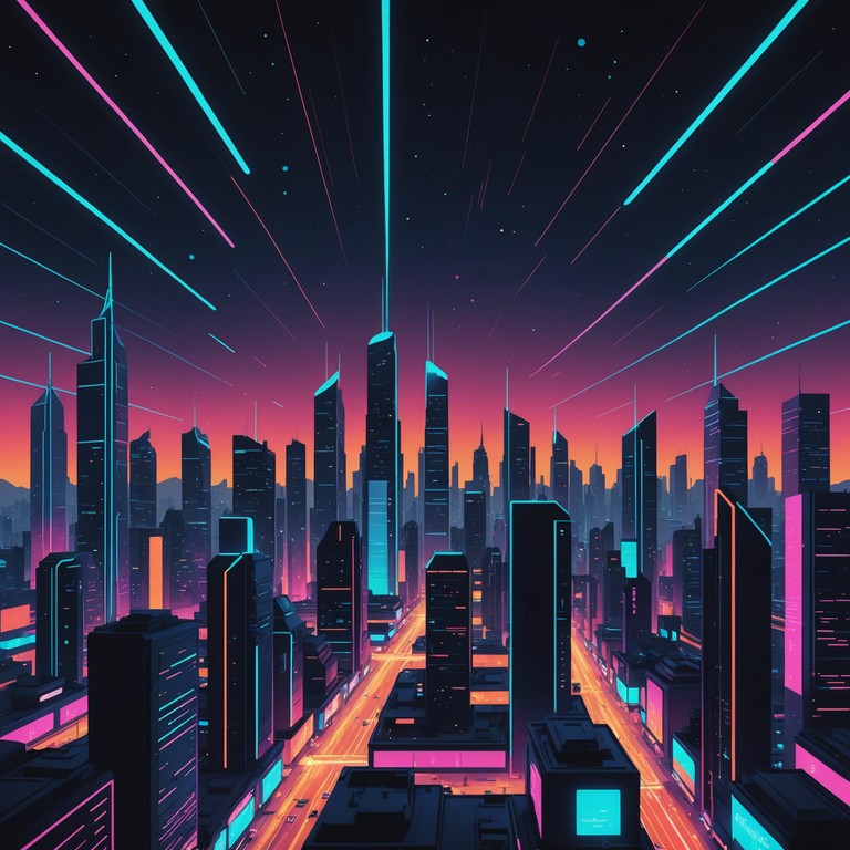 Imagine a vista of neon lights flickering under a starry sky, with rapid, energetic beats creating an atmosphere reminiscent of a sped up night drive through an 80s cityscape. This track combines pulsating synth lines with rhythmic drum machines to evoke a feeling of night time adventure and technological awe.