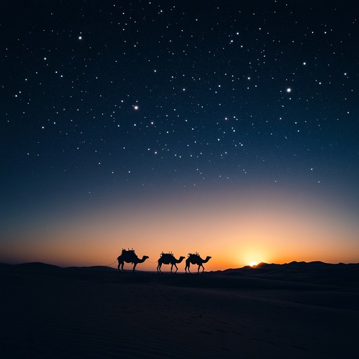 An instrumental fusion blending traditional middle eastern oud music with ambient electronic elements, capturing the mystique of a nighttime journey across the sahara desert.