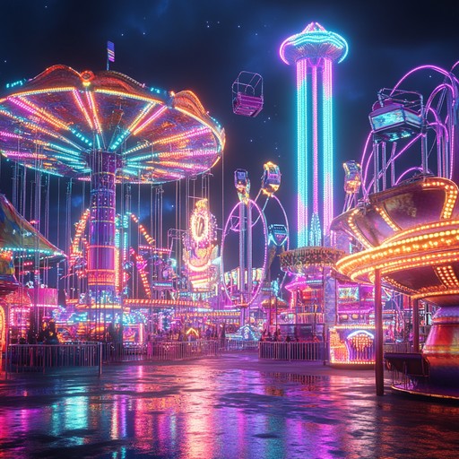 This track combines pulsing electronic beats with traditional carnival instruments, creating a surreal atmosphere that transports listeners to a neon lit festival in a futuristic world. The melody is playful yet sophisticated, evoking images of vibrant parades, dazzling lights, and whimsical rides, all set against the backdrop of cutting edge technology.