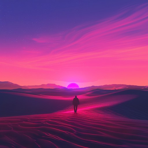 A euphoric synthwave composition with dreamy synths and exotic percussions, blending futuristic elements with ancient rhythms to evoke the feeling of wandering through a neon lit desert. Ideal for creating a mesmerizing, otherworldly atmosphere.