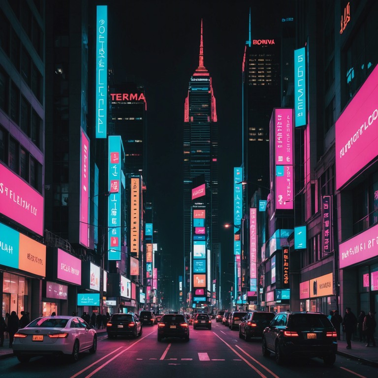 A powerful composition that reflects the dynamic rhythm of an illuminated city at night, focusing on the interplay of light and shadow cast by towering skyscrapapers and bustling streets.