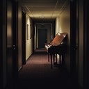 echoing piano tunes in empty, dim office building