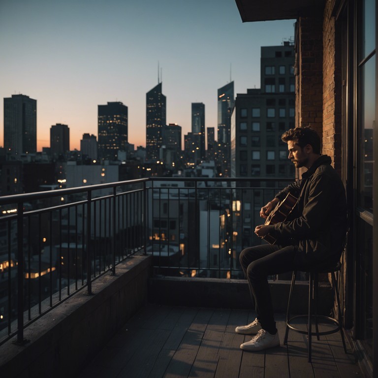 Imagine a lone figure, bathed in the soft glow of streetlights, playing guitar atop a cityscape, their music a gentle echo in the quiet of the midnight hour.