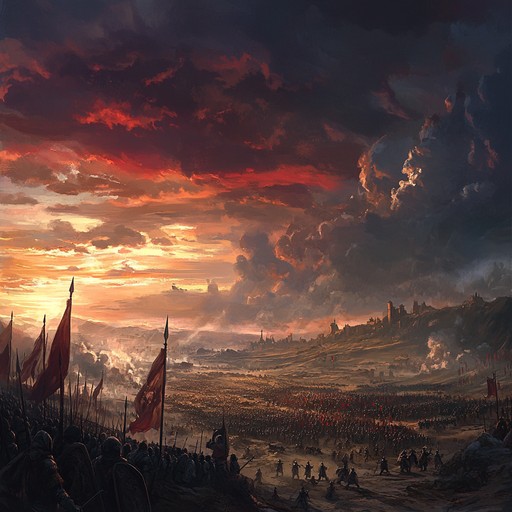 An orchestral masterpiece capturing the intense atmosphere of an epic battlefield, filled with dramatic crescendos, stirring melodies, and heroic triumphs. The composition uses powerful string sections, majestic brass, and percussion to bring the excitement and tension of an epic battle to life, ending with an awe inspiring victory theme.