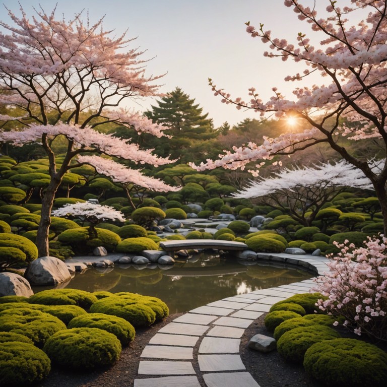 Imagine a surreal scene where cherry blossoms gently fall across a tranquil, ancient temple garden at dusk. Soft melodies played on the koto encourage a peaceful contemplation and connection with nature.