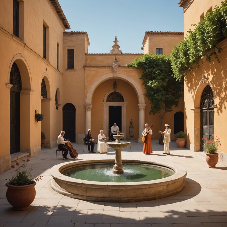 The track delves deeper into the idyllic and ornate life at the royal court, where elaborate, bright melodies performed by harpsichord and supported by strings provide a soundtrack to leisure and mirth in the sun drenched gardens. Both visuals and sounds echo a period of opulence and delight, filling the air with the charm of early classical music.