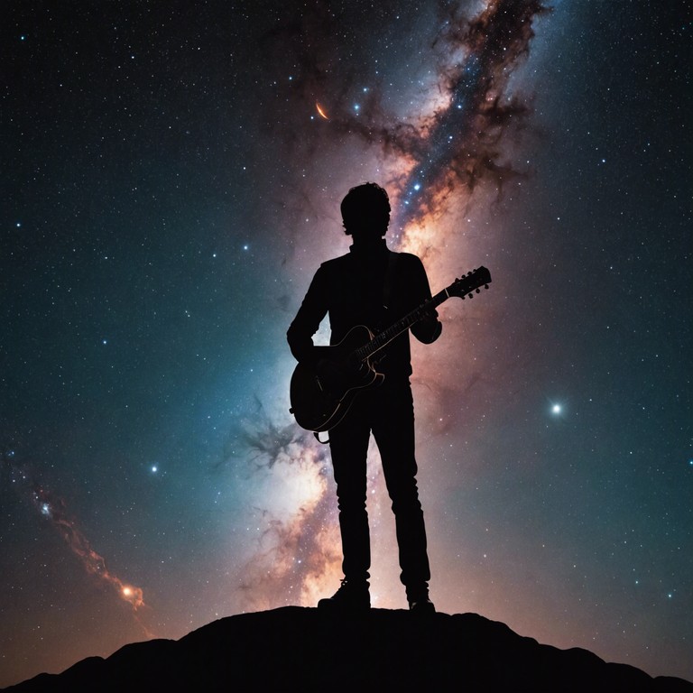 A symphonic rock track where powerful electric guitar solos punctuate a backdrop of stirring strings and brass, crafting an audible depiction of triumph and grandeur in the cosmos. It evokes the feeling of parading through a star studded galaxy as a hero.